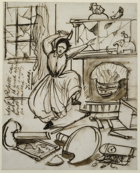 A cartoon caricature of Christina Rossetti by her brother Dante Gabriel Rossetti 1862, showing her having a tantrum after reading The Times' review of her poetry