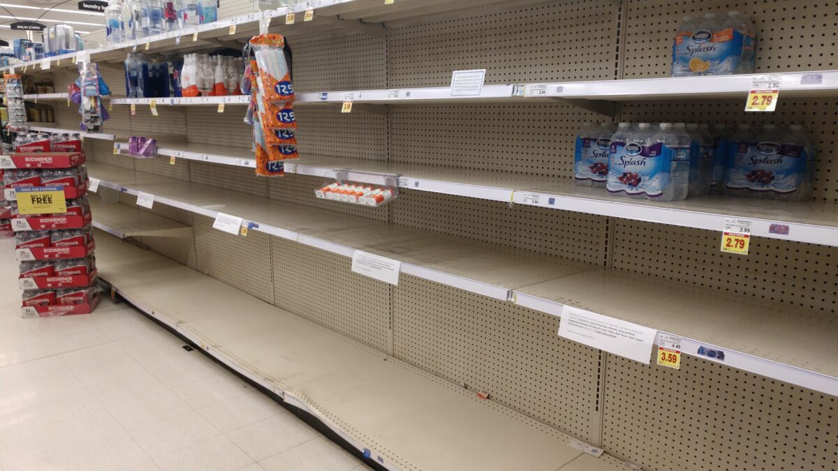 Empty supermarket shelves in March 2020.