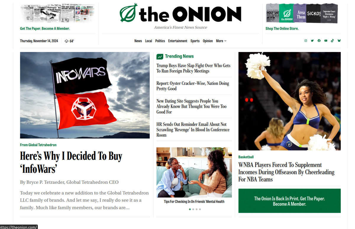 Front page of The Onion, showing the InfoWars story.