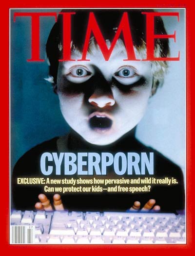 Time magazine 1995 "cyberporn" cover showing a terrified kid watching a compuer screen (based on a fraudulent study)