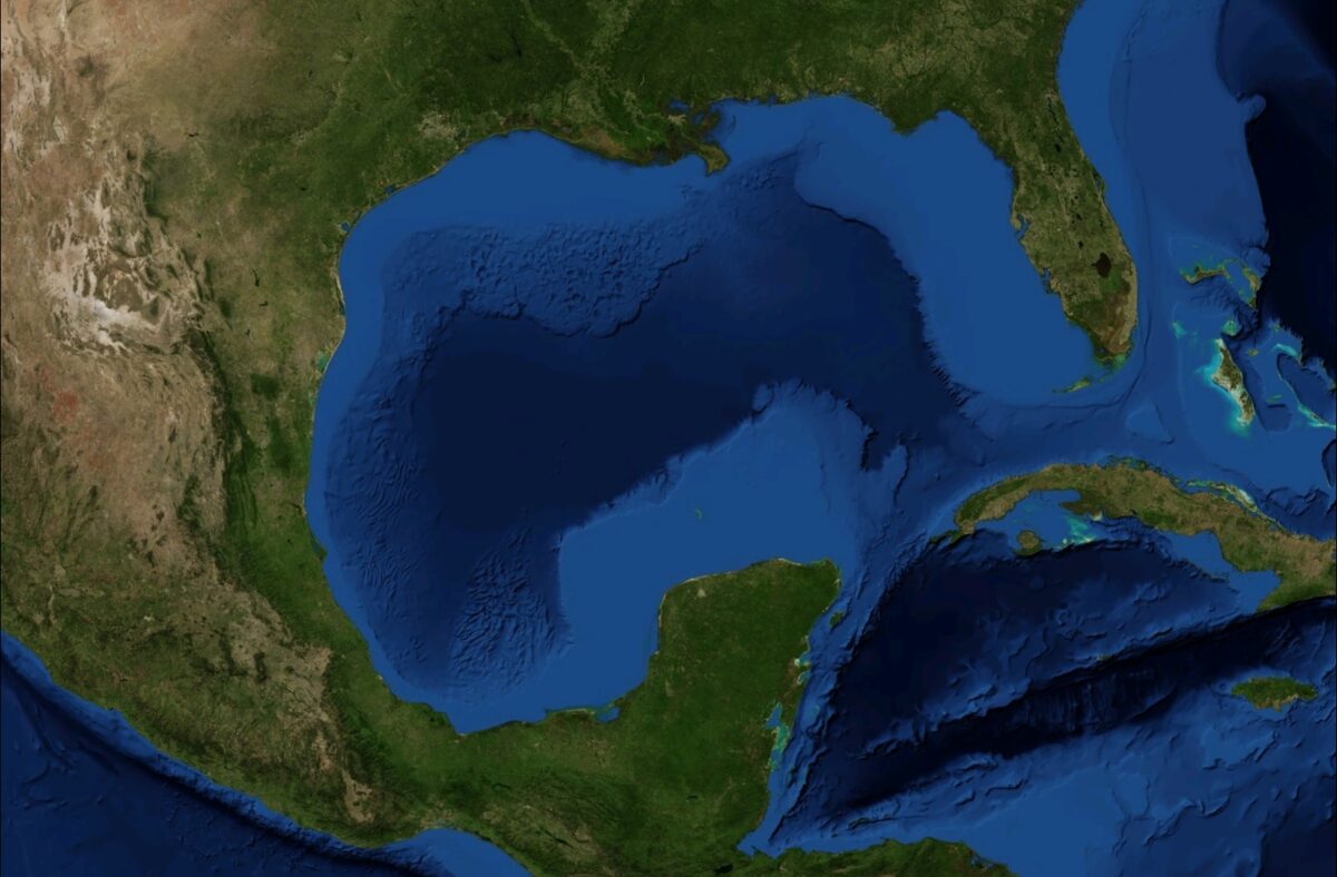 Areial image showing the Gulf of Mexico surrounded by USA and Mexcian land mass.