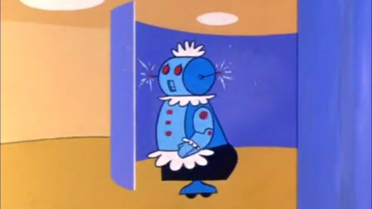 Rosie, the robot maid on The Jetsonsm a round blue humanoid dressed in a maid's uniform.