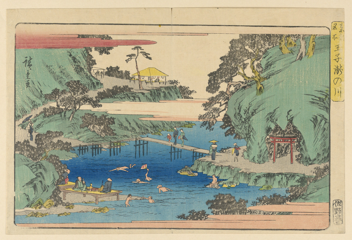 Woodblock print in colored ink on paper, Colorful clouds incept this summer scene. Children are swimming and playing in the indigo blue waters, as parents and family leisurely watch along the shore. This joyous scene is secretly tucked within two mountains, which are alive with bright green trees and grasses.