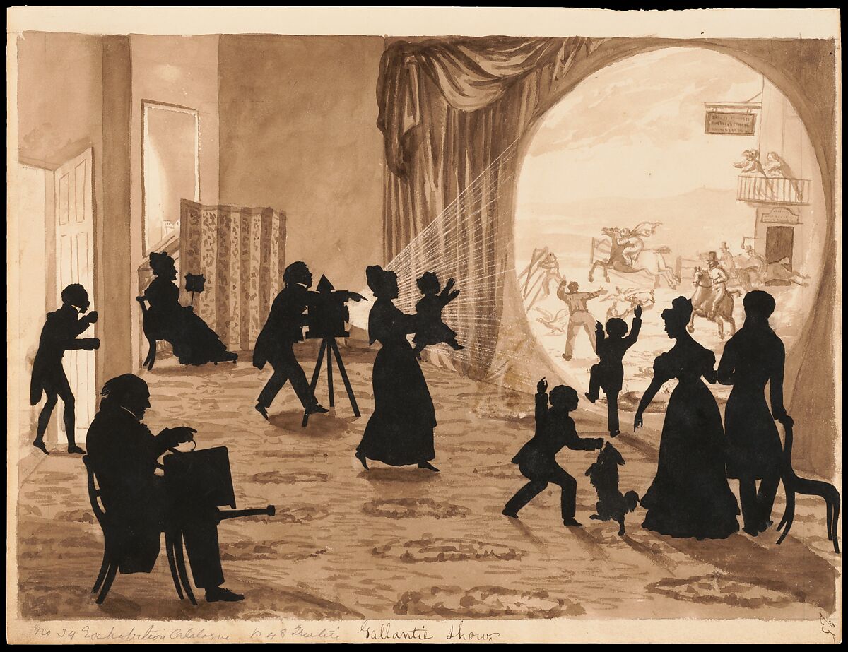 From the Met: In this work, figures gather in the family parlor around a scene emanating from a magic lantern, an early form of image projection that used hand-painted glass slides, a bright light source, and a lens-based device. Included in the group are three children who react with excitement, one of whom is raised up toward the projection by a nurse. At the lower left is a man with a peg leg who plays music from a serinette, a portable instrument consisting of a barrel organ, to accompany the entertainment. Above him, a young man peeks cautiously from behind the door, his features and clothing suggesting that he is a servant of African descent.