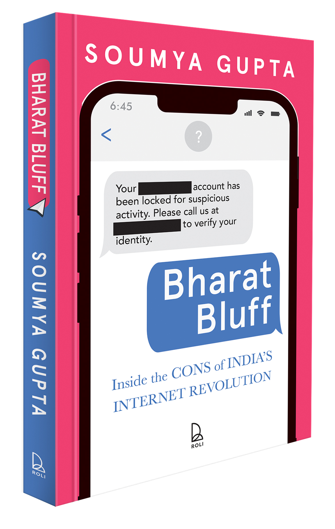 The front cover of the book Bharat Bluff, a pink rectangle around the title in blue on a white background.