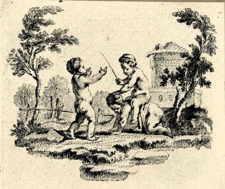 Black and white print by Gravelot: three chubby little children play in a garden, with one riding on another's back.