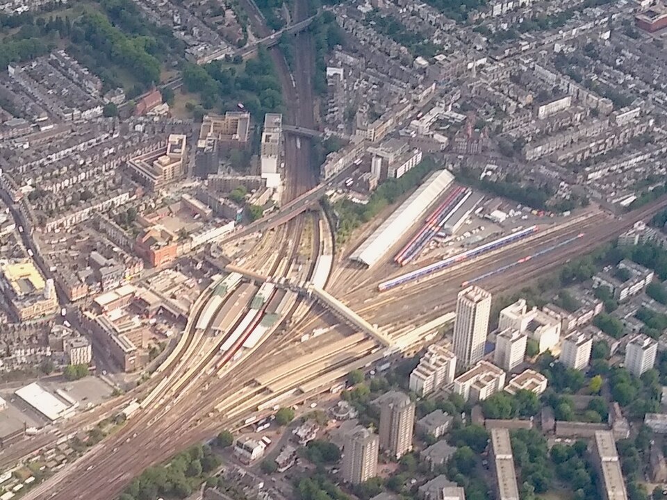 An aerial photograph of Clapham Junction, showing many railway lines converging and crossing.