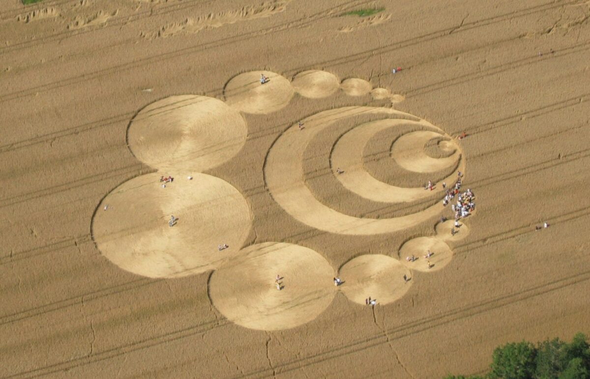 A crop circle formation showing a eries of circles of varying sizes arranged around a series of half circles.