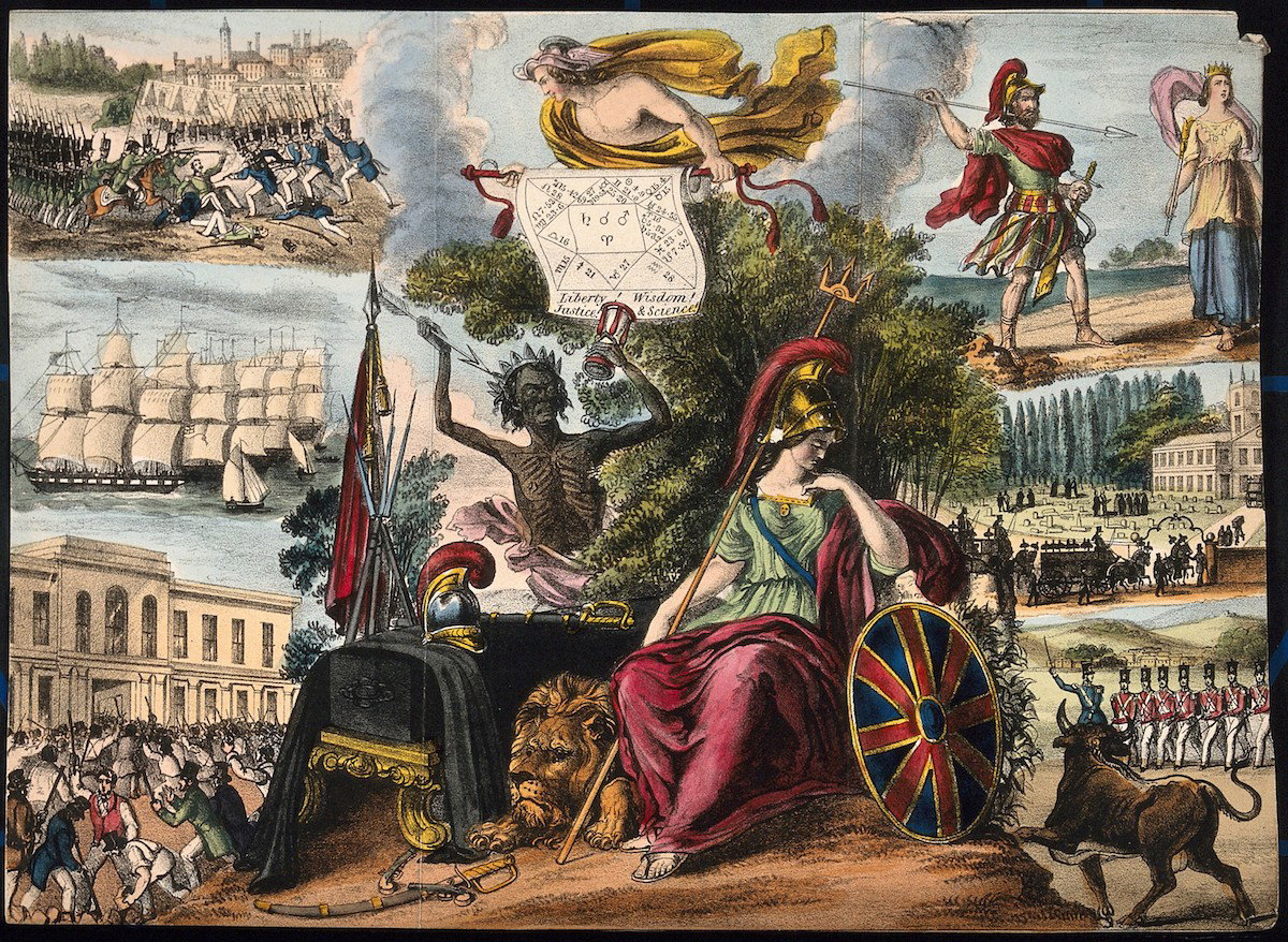 A prophet preaches doom surrounded by images of disasters.